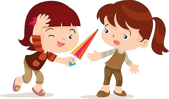 EPS 해외이미지 여자 어린이 일러스트 우산 친절 두명 우정 소녀만 해외202004 해외일러스트 사람 친구 여자만 어린이만 파일형식 벡터 이미지허브