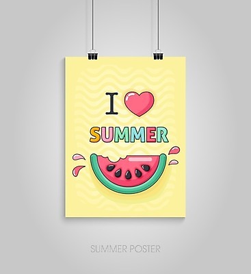 EPS 해외이미지 디자인 포스터 일러스트 수박 매달리기 타이포그라피 사람없음 노란색 하트 서류집게 해외202004 해외일러스트 모양 문자 컬러 과일 모션 집게 파일형식 벡터 이미지허브