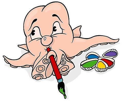 EPS 해외이미지 클립아트 동물 캐릭터 바다 분홍색 일러스트 학교 파란색 붓 만화 그림 코믹 화가 손그림 문어 촉수 해외202004 해외일러스트 일러캐릭터 직업 교육 컬러 연체동물 수중동물 파일형식 벡터 이미지허브