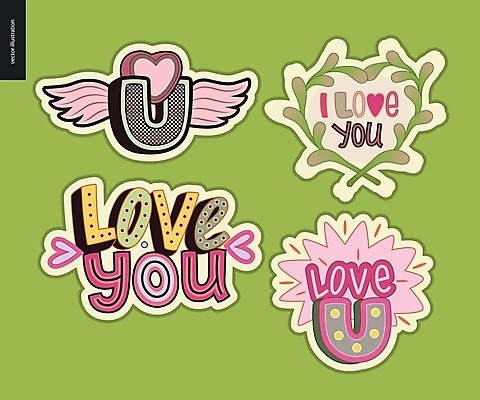 EPS 해외이미지 스티커 일러스트 사랑 타이포그라피 사람없음 연두색 세트 라벨 하트 해외202004 해외일러스트 모양 문자 감정 프레임 초록색 파일형식 벡터 이미지허브