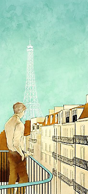 주간 PSD 남자 여행 백그라운드 일러스트 한명 사람 성인 야외 건물 프랑스 발코니 세계여행 에펠탑 남자만 남자한명만 성인남자만 성인만 국내일러스트 자연요소 1 건축물 유럽 세계 파리 랜드마크 파일형식