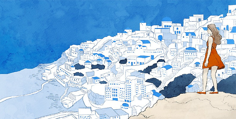 전신 PSD 여자 여행 백그라운드 일러스트 한명 서기 사람 풍경 성인 마을 세계여행 그리스 산토리니 안식처 여자만 여자한명만 성인여자만 성인만 국내일러스트 1 유럽 모션 휴식 세계 파일형식