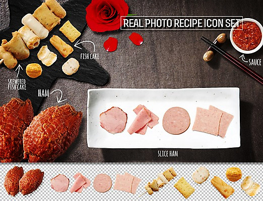 PSD 편집이미지 음식 식재료 재료 사람없음 세트 가공식품 어묵 햄 레시피 칠리소스 슬라이스햄 플랫레이 편집소스 이미지편집 육류 소스_음식 플랫 파일형식