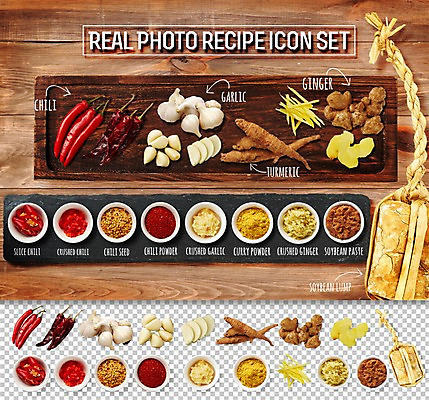 PSD 편집이미지 음식 식재료 재료 고추 마늘 사람없음 세트 된장 레시피 생강 메주 고춧가루 다진마늘 강황 플랫레이 편집소스 이미지편집 채소 양념 플랫 가루 파일형식