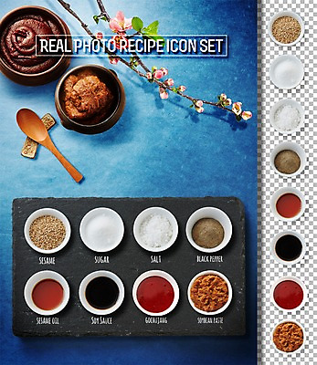 PSD 편집이미지 음식 식재료 재료 사람없음 세트 된장 고추장 설탕 간장 소금 레시피 후추 깨소금 참기름 초고추장 플랫레이 편집소스 이미지편집 양념 플랫 기름_음식 향신료 파일형식