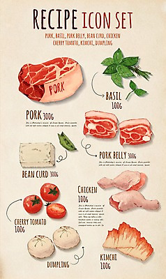 PSD 일러스트 식재료 재료 방울토마토 김치 생고기 육류 돼지고기 사람없음 세트 닭고기 만두 삼겹살 두부 닭다리 레시피 바질 엘리먼트 플랫레이 국내일러스트 한식 음식 토마토 플랫 파일형식