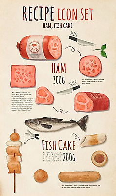 PSD 일러스트 식재료 재료 육류 어류 사람없음 세트 칼 어묵 햄 레시피 바질 엘리먼트 플랫레이 국내일러스트 수중동물 플랫 파일형식