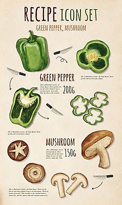 PSD 채소 일러스트 식재료 재료 피망 사람없음 세트 버섯 칼 레시피 엘리먼트 플랫레이 국내일러스트 플랫 파일형식