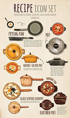 PSD 일러스트 식재료 재료 주방용품 사람없음 세트 프라이팬 냄비 뚝배기 레시피 양은냄비 엘리먼트 플랫레이 국내일러스트 생활용품 플랫 솥 파일형식