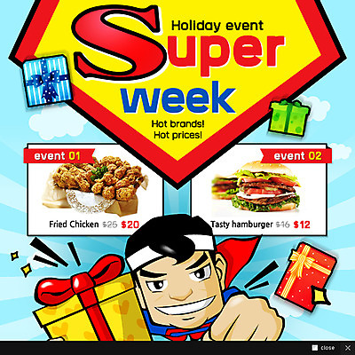 PSD 템플릿 남자 음식 웹템플릿 패스트푸드 팝업 이벤트팝업 웹팝업 선물 한명 사람 이벤트 성인 치킨 햄버거 슈퍼맨 남자만 남자한명만 성인남자만 성인만 이미지템플릿 1 인스턴트 영웅 닭고기요리 파일형식
