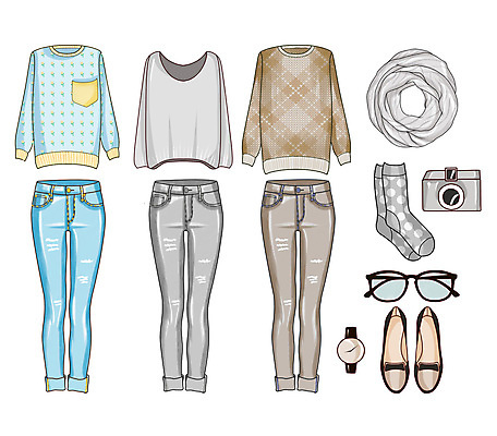 JPG 해외이미지 잡화 패션 구두 일러스트 사람없음 카메라 다양 청바지 스웨터 손목시계 엘리먼트 해외일러스트 시계 다수 신발 상의 장신구 바지 전자제품 파일형식 이미지허브