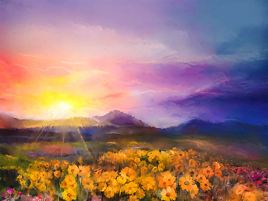 JPG 해외이미지 꽃 꽃밭 일러스트 풍경 사람없음 일몰 그림 손그림 유화 풍경화 해외202004 해외일러스트 식물 미술 노을 파일형식 이미지허브