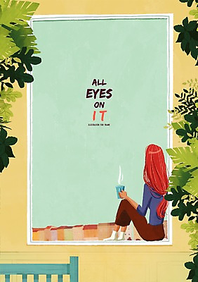 PSD 식물 여자 커피 일러스트 휴식 나뭇잎 프레임 틀 한명 사람 앉기 성인 컵 알림 창가 안식처 여자만 여자한명만 성인여자만 성인만 국내일러스트 1 식기 음료 컨셉 잎 창문 모션 파일형식