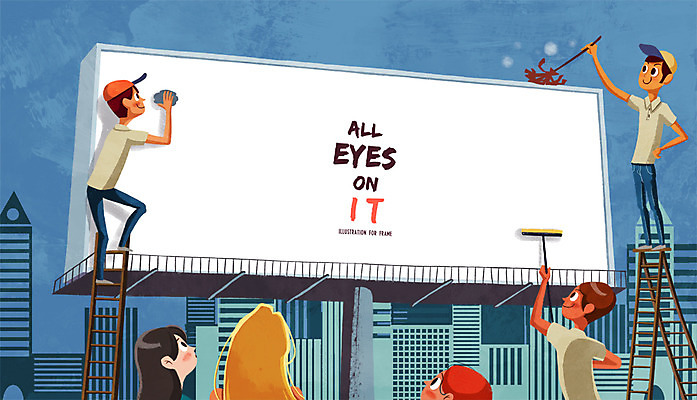 PSD 여자 남자 일러스트 사다리 프레임 광고판 틀 사람 빌딩 여러명 성인 도시 보행자 청소 알림 성인만 국내일러스트 다수 알림판 건물 도구 판 파일형식