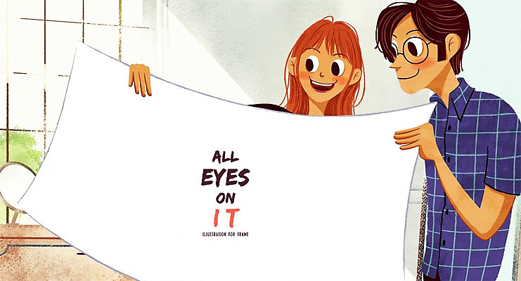 PSD 커플 시선 여자 남자 종이 일러스트 창문 프레임 실내 틀 사람 성인 두명 알림 주목 성인만 국내일러스트 관계 내부 파일형식