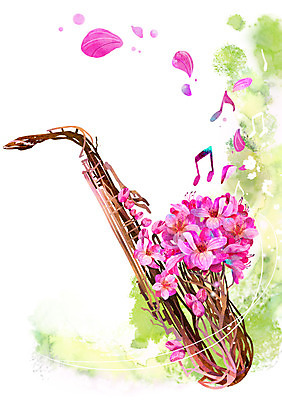 PSD 식물 꽃잎 꽃 악기 분홍색 백그라운드 컨셉 음표 일러스트 사람없음 화려 신비 색소폰 진달래 활용 국내일러스트 기호 음악 컬러 목관악기 파일형식