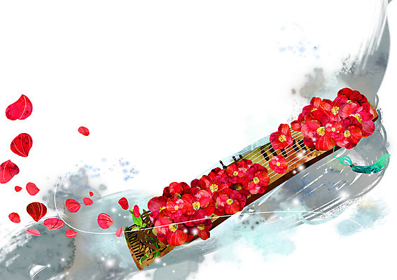 PSD 식물 꽃잎 꽃 악기 백그라운드 컨셉 음표 일러스트 사람없음 빨간색 화려 신비 가야금 동백 활용 국내일러스트 기호 음악 컬러 현악기 국악기 파일형식
