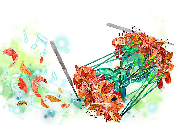 PSD 식물 꽃잎 꽃 악기 백그라운드 컨셉 음표 일러스트 사람없음 주황색 화려 신비 장구 나리 참나리 활용 국내일러스트 기호 음악 컬러 타악기 국악기 파일형식