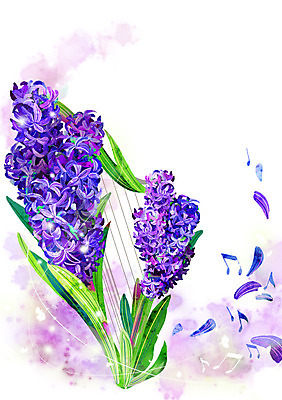 PSD 식물 꽃잎 꽃 악기 백그라운드 컨셉 음표 일러스트 사람없음 보라색 화려 신비 하프 활용 히아신스 국내일러스트 기호 음악 컬러 현악기 파일형식