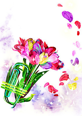 PSD 식물 꽃잎 꽃 악기 백그라운드 컨셉 음표 일러스트 사람없음 빨간색 튤립 화려 신비 트럼펫 활용 국내일러스트 기호 음악 컬러 금관악기 파일형식