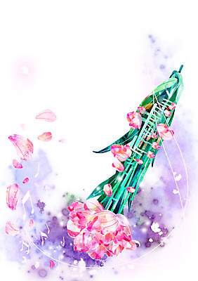 PSD 식물 꽃잎 꽃 악기 분홍색 백그라운드 컨셉 음표 일러스트 사람없음 튤립 화려 신비 클라리넷 활용 국내일러스트 기호 음악 컬러 목관악기 파일형식