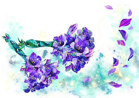 PSD 식물 꽃잎 꽃 악기 백그라운드 컨셉 음표 일러스트 사람없음 보라색 화려 신비 도라지꽃 핸드벨 활용 국내일러스트 기호 음악 컬러 파일형식