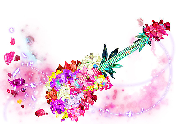 PSD 식물 꽃잎 꽃 악기 백그라운드 컨셉 음표 일러스트 사람없음 컬러풀 다양 기타 화려 신비 활용 국내일러스트 기호 음악 컬러 다수 현악기 파일형식