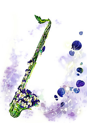 PSD 식물 꽃잎 꽃 악기 백그라운드 컨셉 음표 일러스트 사람없음 보라색 흰색 화려 신비 팬지 클라리넷 활용 국내일러스트 기호 음악 컬러 목관악기 파일형식