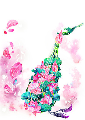 PSD 식물 꽃잎 꽃 악기 분홍색 백그라운드 컨셉 음표 일러스트 사람없음 화려 신비 비파 활용 국내일러스트 기호 음악 컬러 현악기 국악기 파일형식 중국악기