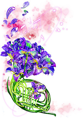 PSD 식물 꽃잎 꽃 악기 백그라운드 컨셉 음표 일러스트 사람없음 보라색 화려 신비 호른 꽃창포 활용 국내일러스트 기호 음악 컬러 금관악기 파일형식