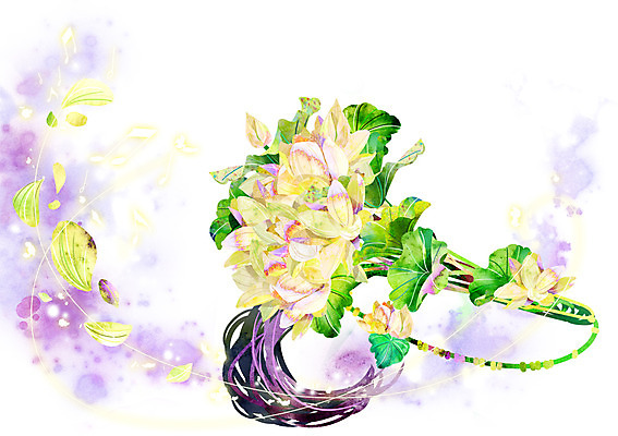 PSD 식물 꽃잎 꽃 악기 백그라운드 컨셉 음표 일러스트 사람없음 흰색 화려 신비 태평소 활용 국내일러스트 기호 음악 컬러 국악기 관악기 파일형식