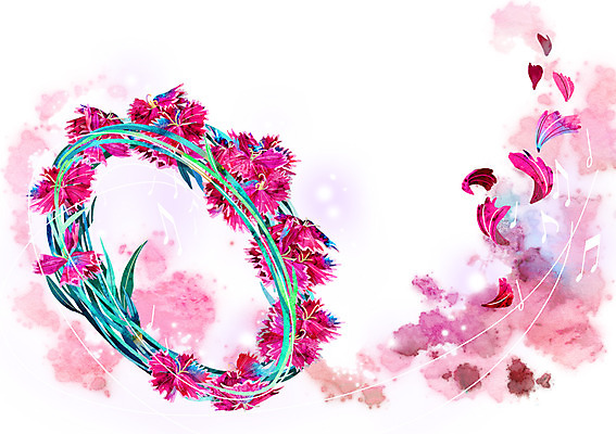 PSD 식물 꽃잎 꽃 악기 백그라운드 컨셉 음표 일러스트 사람없음 빨간색 화려 신비 탬버린 패랭이꽃 활용 국내일러스트 기호 음악 컬러 타악기 파일형식