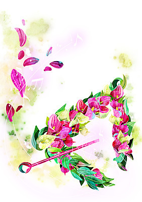 PSD 식물 꽃잎 꽃 악기 분홍색 백그라운드 컨셉 음표 일러스트 사람없음 화려 신비 카라 활용 국내일러스트 기호 음악 컬러 파일형식