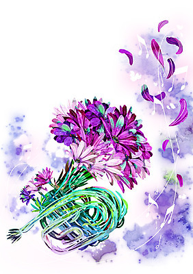 PSD 식물 꽃잎 꽃 악기 백그라운드 컨셉 음표 일러스트 사람없음 보라색 화려 신비 트럼펫 오스테오스펄멈 활용 국내일러스트 기호 음악 컬러 금관악기 파일형식