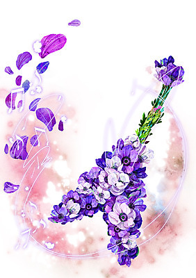 PSD 식물 꽃잎 꽃 악기 백그라운드 컨셉 음표 일러스트 사람없음 보라색 화려 일렉기타 신비 아네모네 활용 국내일러스트 기호 음악 컬러 기타 파일형식