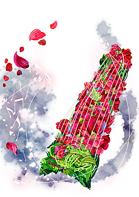 PSD 식물 꽃잎 꽃 악기 백그라운드 컨셉 음표 일러스트 사람없음 빨간색 화려 신비 거문고 활용 국내일러스트 기호 음악 컬러 현악기 국악기 파일형식