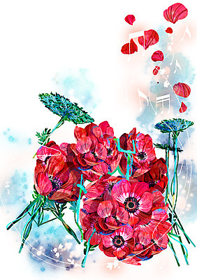 PSD 식물 꽃잎 꽃 악기 백그라운드 컨셉 음표 일러스트 사람없음 빨간색 화려 신비 드럼 아네모네 활용 국내일러스트 기호 음악 컬러 타악기 파일형식