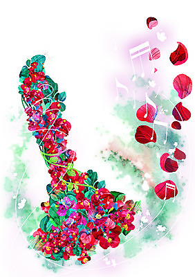 PSD 식물 꽃잎 꽃 악기 백그라운드 컨셉 음표 일러스트 사람없음 빨간색 화려 신비 핸드벨 활용 국내일러스트 기호 음악 컬러 파일형식