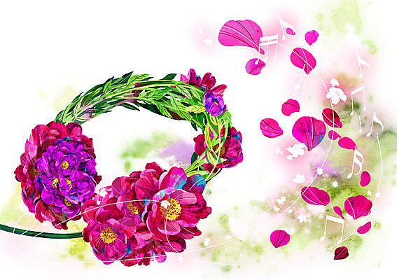 PSD 식물 꽃잎 꽃 악기 분홍색 백그라운드 컨셉 음표 일러스트 사람없음 보라색 헤드셋 화려 신비 목단 활용 국내일러스트 기호 음악 컬러 음향기기 헤드폰 파일형식