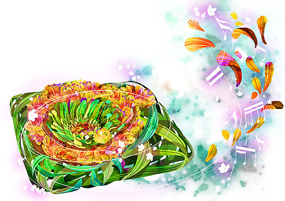 PSD 식물 꽃잎 꽃 악기 백그라운드 컨셉 음표 일러스트 사람없음 노란색 레코드 화려 신비 활용 국내일러스트 기호 음악 컬러 음반 파일형식