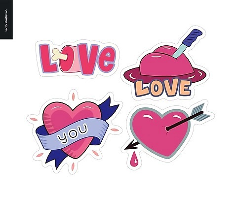 EPS 해외이미지 스티커 일러스트 사랑 사람없음 세트 라벨 하트 칼 해외202004 해외일러스트 모양 감정 프레임 파일형식 벡터 이미지허브