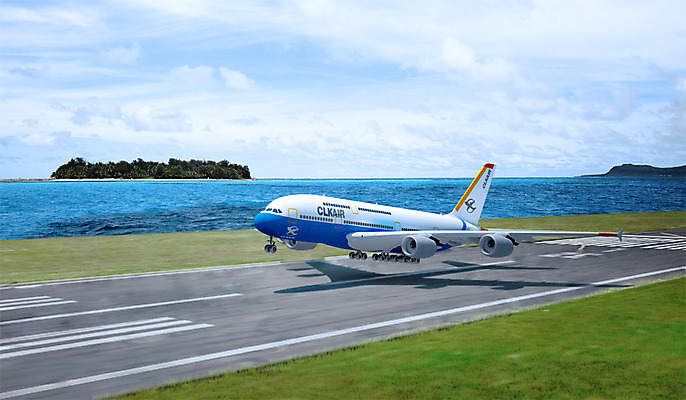 주간 PSD 구름 편집 편집이미지 바다 섬 하늘 비행기 사람없음 야외 3D 비행 디지털합성 합성 활주로 디지털아트 편집실사 편집3D 자연요소 길 항공교통 대중교통 CG 파일형식