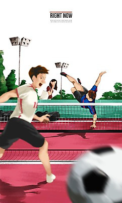 주간 PSD 응시 여자 남자 스포츠 일러스트 축구공 사람 성인 야외 일상 세명 운동 네트 목표 열정 족구 성인만 국내일러스트 자연요소 시선 감정 컨셉 공 축구용품 건강 라이프 구기 파일형식