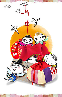 PSD 편집이미지 전통 손글씨 여자 명절 남자 어린이 캘리그라피 복주머니 선물 사람 여러명 추석 학 한복 추석선물 어린이만 이미지편집 한국전통 기념일 다수 조류 전통소품 전통의상 파일형식 명절선물