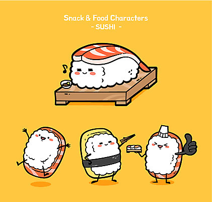 캐릭터 음식 일러스트 젓가락 새우 사람없음 귀여움 초밥 음식캐릭터 연어 일러캐릭터 AI파일 컨셉 수저 갑각류 어류 일본음식 파일형식 벡터