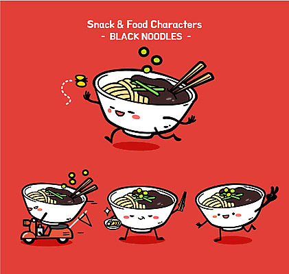 캐릭터 그릇 음식 일러스트 젓가락 사람없음 귀여움 중식 오토바이 짜장면 배송 단무지 음식캐릭터 음식배달 일러캐릭터 AI파일 식기 컨셉 수저 바이크 파일형식 벡터