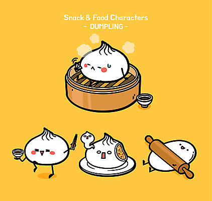 캐릭터 접시 음식 일러스트 젓가락 사람없음 귀여움 뜨거움 만두 간장 음식캐릭터 밀대 찜기 일러캐릭터 AI파일 식기 컨셉 주방용품 수저 양념 파일형식 벡터