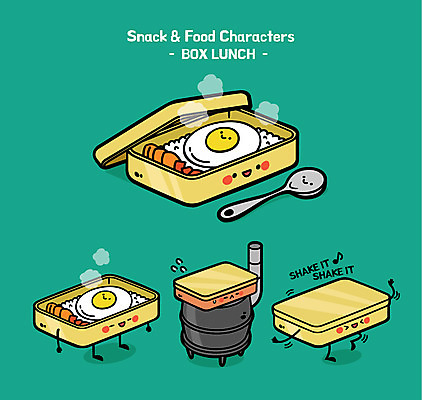 캐릭터 음식 일러스트 사람없음 귀여움 숟가락 뜨거움 계란프라이 난로 도시락 음식캐릭터 도시락통 일러캐릭터 컨셉 수저 용기_그릇 계란요리 난방기