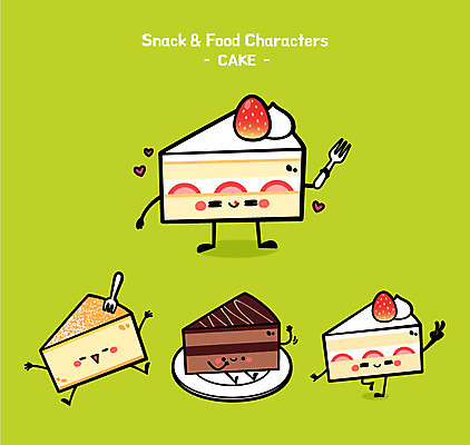 캐릭터 접시 음식 포크 일러스트 사람없음 귀여움 케이크 조각케이크 음식캐릭터 초코케이크 치즈케이크 딸기케이크 디저트캐릭터 일러캐릭터 AI파일 식기 컨셉 딸기 디저트 파일형식 벡터