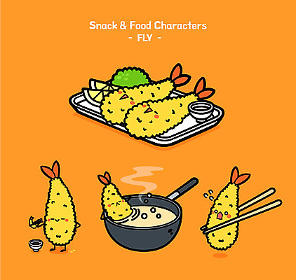 캐릭터 음식 일러스트 젓가락 사람없음 귀여움 튀김 프라이팬 기름 분식 음식캐릭터 새우튀김 일러캐릭터 AI파일 컨셉 주방용품 새우 수저 파일형식 벡터